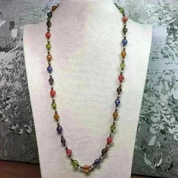 Vintage Hand Blown Foil Multi Colored Glass Bead Necklace - Picture 1 of 7